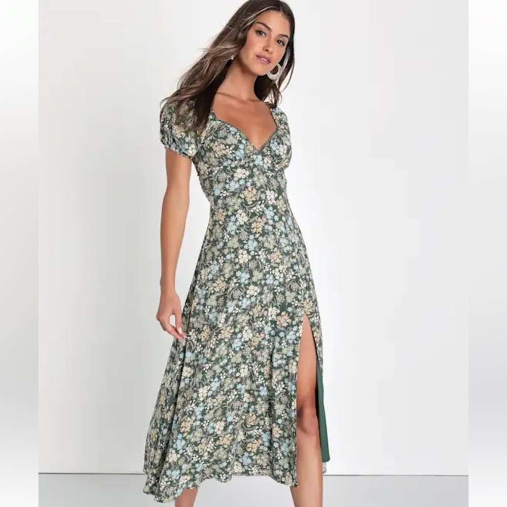 Lulus Meadow Muse Green Floral Tie-Back Puff Sleeve Midi Dress